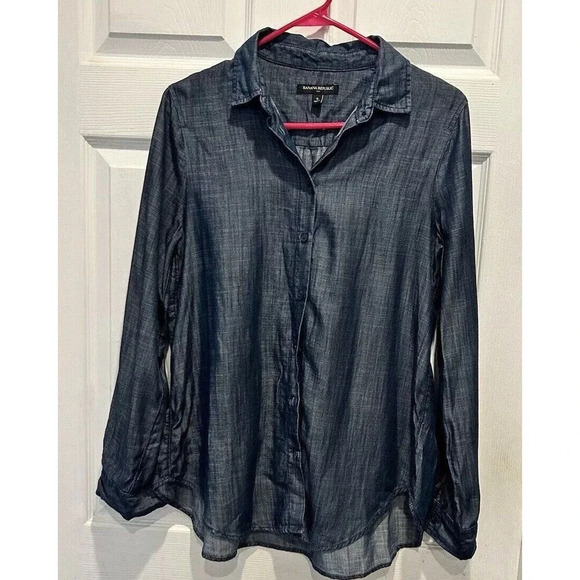 Banana Republic Factory 100% Lyocell Chambray Button Up Shirt Ruffle Hem Small‎ - Picture 1 of 7